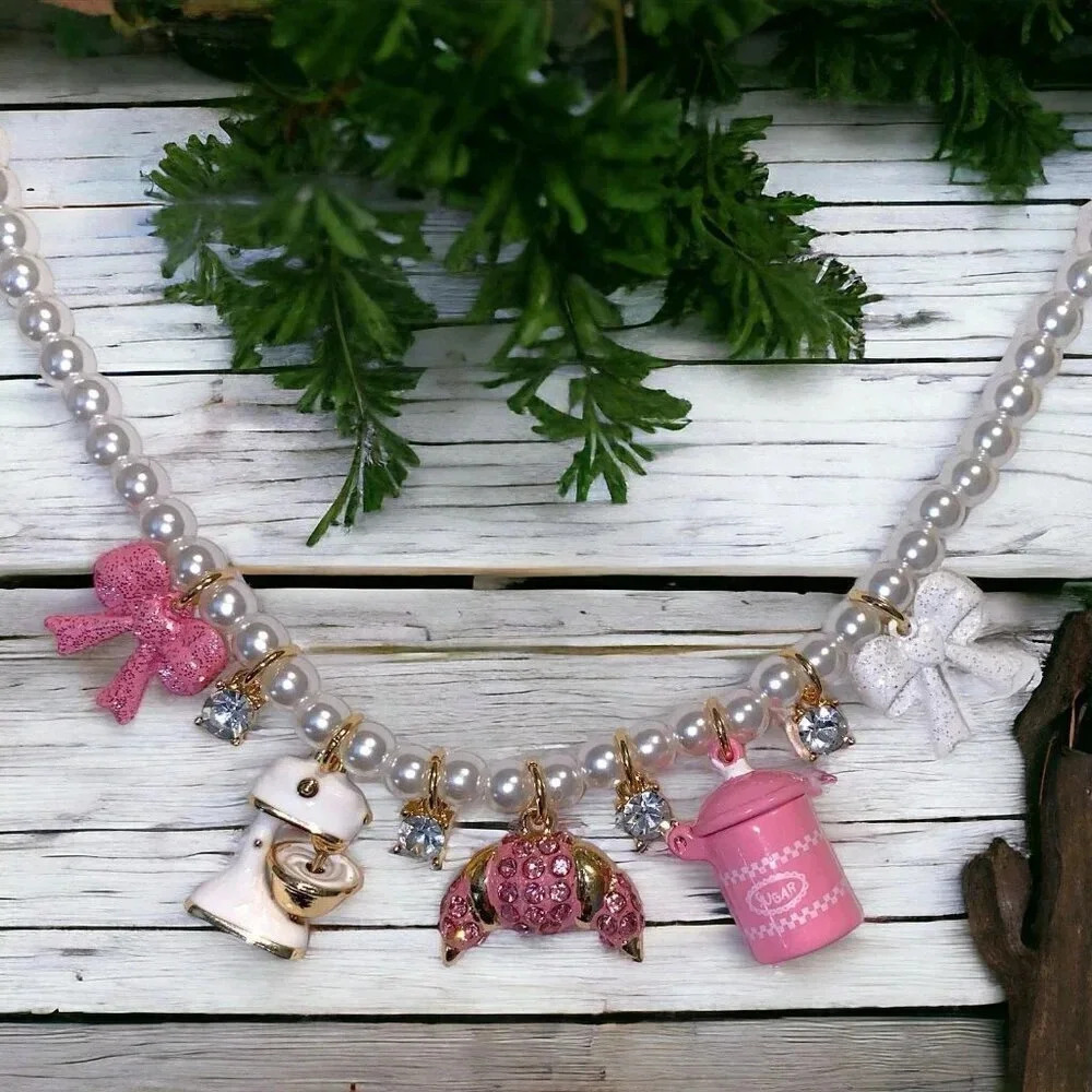 Betsey Johnson Baby Cakes Faux Pearl Rhinestone Baking Charm Necklace NIB - Picture 4 of 6